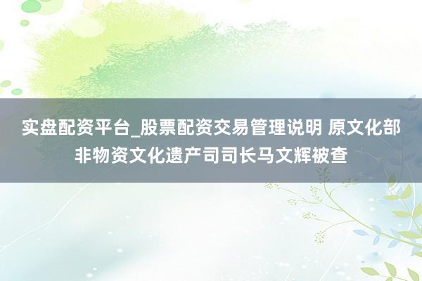 实盘配资平台_股票配资交易管理说明 原文化部非物资文化遗产司司长马文辉被查